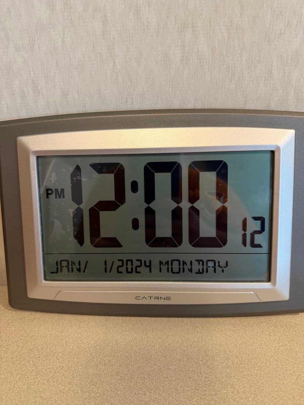 CATRNE CRN303 LCD Digital Alarm Clock Gray Desk Day Date Display Battery